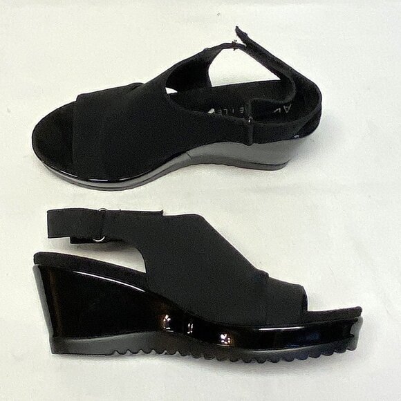 Anne Klein Faux Suede Patent Low Wedge Open Toe Sling Back Romeo Sandals Black - Picture 8 of 13